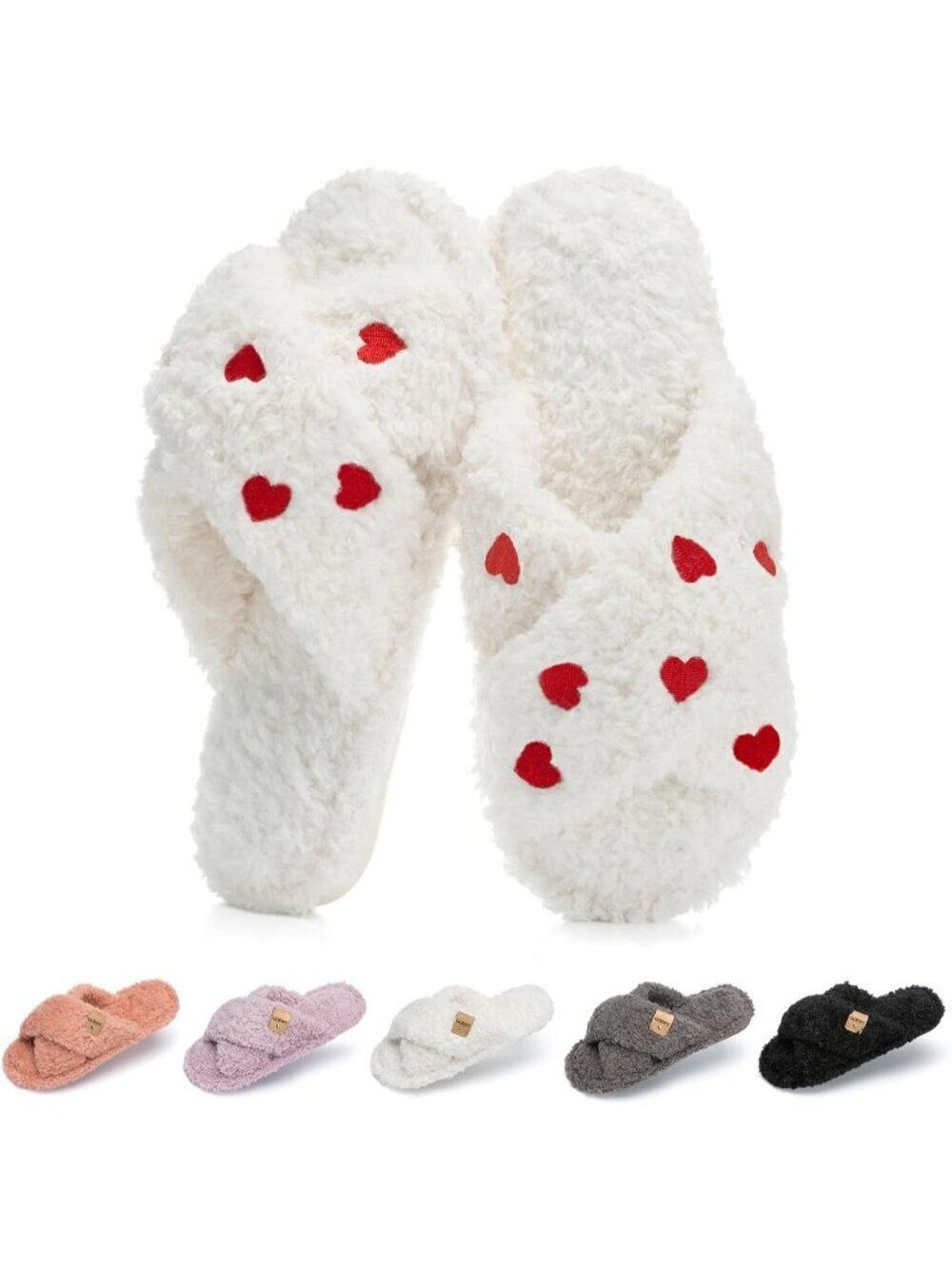 Womens Red Heart Cozy Cross Band Indoor and Outdoor Fuzzy Open Toe Slipper Shoes